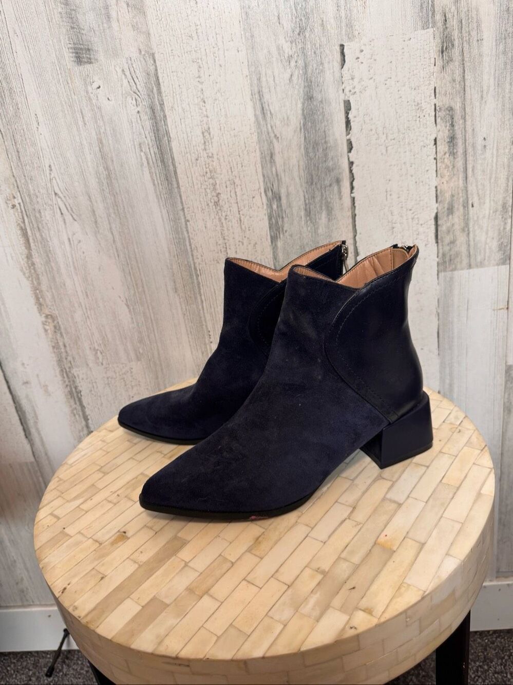Journee Collection Pointed Toe Block Heel Ankle Booties Womens 8.5 Navy Suede